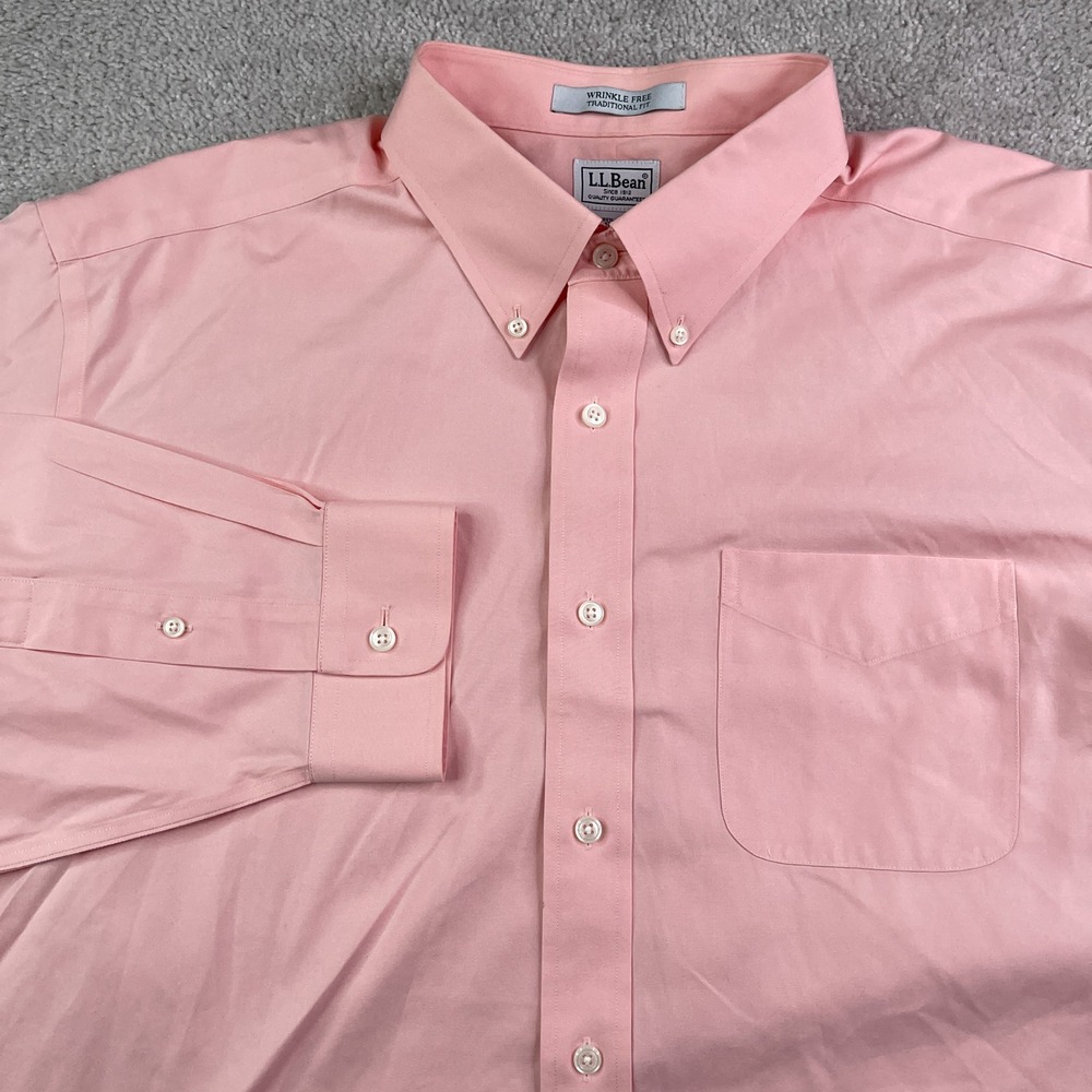 LL Bean Shirt Mens 17.5 33 Pink Traditional Fit Wrinkle‎ Free Cotton Oxford OCBD